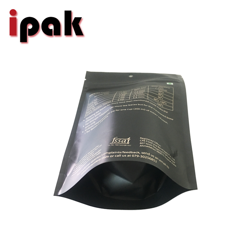 China Supplier Heat Seal Black printed Matte Foil Stand Up Foil Coffee Tea Bag With Zipper